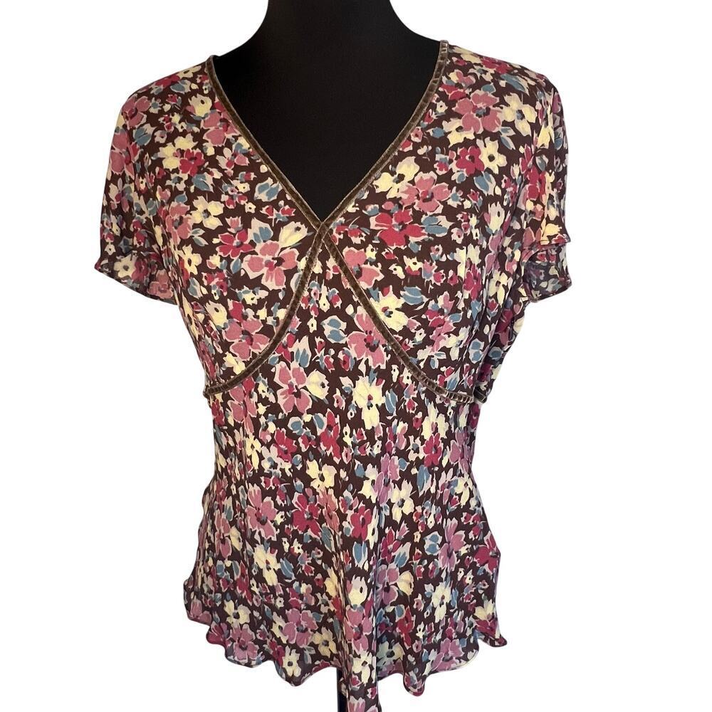Boden Misses sz 18 floral short sleeve chiffon pleated ruffle blouse 1/4 button